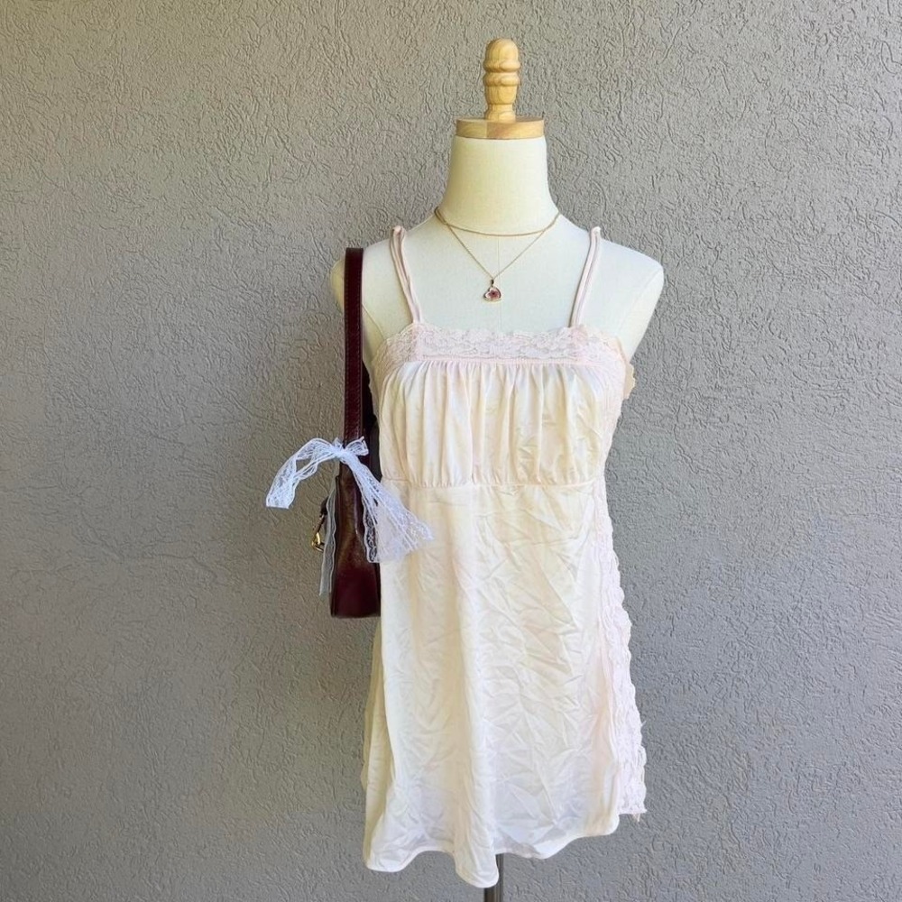 Vintage‎ Baby Pink Lace Trim Camisole Lingerie Slip Dress Fits S/M Fairy Cottage